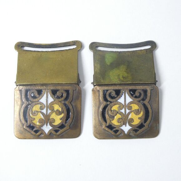 Enameled Brass Buckles Pair Black White Yellow Art Deco Vintage - Picture 1 of 9